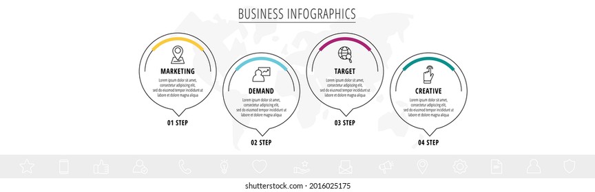 Vector infographics four circles with arrows. Line business concept of 4 steps, options. Infographic template for diagram, web, banner, presentations, flowchart, content, levels, chart