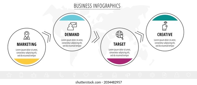 Vector infographics four circles with arrows. Line business concept of 4 steps, options. Infographic template for diagram, web, banner, presentations, flowchart, content, levels, chart