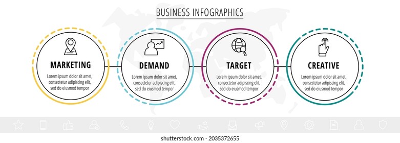 Vector infographics four circles with arrows. Line business concept of 4 steps, options. Infographic template for diagram, web, banner, presentations, flowchart, content, levels, chart