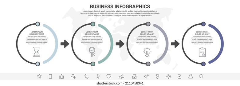 Vector infographics four circles with arrows. Line business concept of 4 steps, options. Infographic template for diagram, web, banner, presentations, flowchart, content, levels, chart