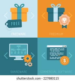 Vector infographics and icons in flat style - different business models of distributing apps and software - freeware, freemium, shareware and commercial software