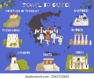 Vector, infografía, ilustración de monumentos de estilo doodle dibujados a mano, vistas, símbolos de Grecia. Turismo, viajes.