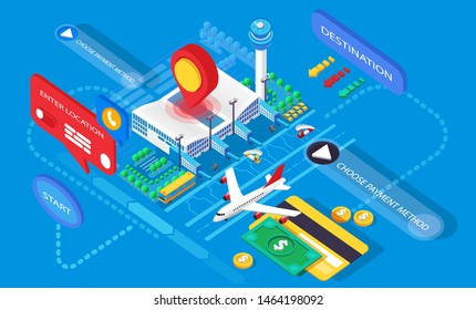 Vector infographics isometry 3d application airplane online purchase journey travel voyage tourism booking search ticket airport journey trip modern technology money business finance credit card pay