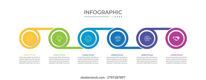 Diseño de etiquetas de infografías de Vector con círculos e íconos de marketing. Gráfico de procesos. Concepto de negocio con 6 opciones o pasos.