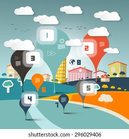 Vector Infographics Layout on Landscape Town or City in Flat Design Retro Style Illustration
