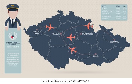 Vector infographics - map of international airports in the Czech Republic. Pilot figurine with information