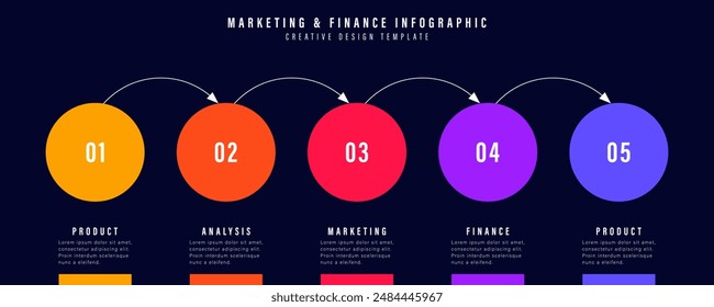 Vector infographics. Minimalistic deep blue financial and marketing infographic design template. Step by step, timeline. 5 steps