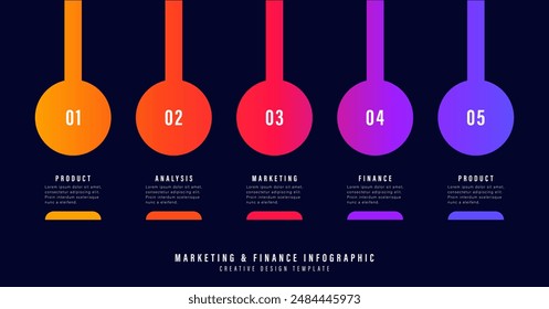 Vector infographics. Minimalistic deep blue financial and marketing infographic design template. Step by step, timeline. 5 steps