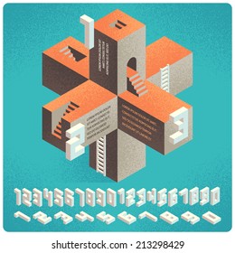 Vector infographics options set for business presentation. Isometric form with digits font on green background
