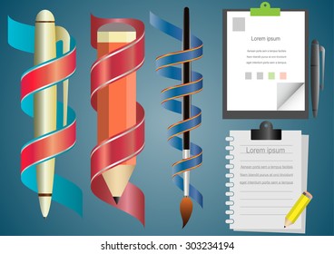Vector infographics with pen, pencils , brushes and paper.  Elements for design