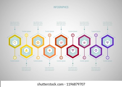 Vector Infographics polygon label, template design. Business concept,  with icon 9 step.Infographic element for layout process diagram.