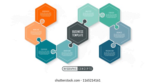 Vector infographics puzzle template for chart, diagram, web design, presentation, workflow layout. Business concept with 8 options, parts, steps or processes