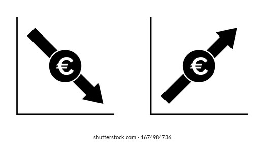 Vector infographics with scheme of Euro fall and growth. Сoncept flat illustration of the european currency increase and collapse in black and white colors on a white backdrop.