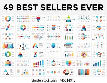 Vector infographics set. 49 slides. Circle diagrams, arrows graphs, creative infographic presentations and idea charts. Medicine, education, business, marketing, startup, maps. Creative info graphic.