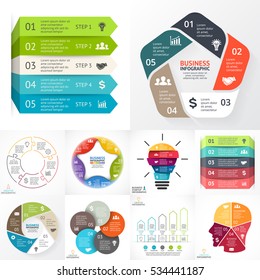 Vector infographics set. Business diagrams, arrows graphs, startup presentations, idea charts. Infographic with 5 parts, steps, processes. Light bulb, human brain, star, puzzle, education, creativity.