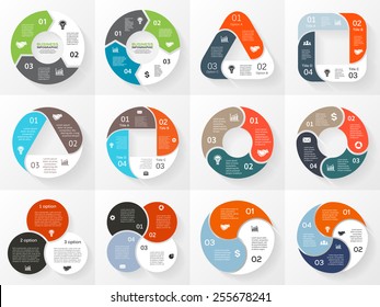 Vector infographics set. Collection of templates for cycle diagram, graph, presentation and round chart. Business concept with 3 and 4 options, parts, steps or processes. 