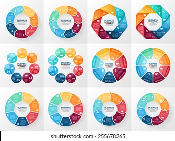 Vector infographics set. Collection of templates for cycle diagram, graph, presentation and round chart. Business concept with 7 and 8 options, parts, steps or processes. Abstract background.