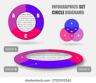 Conjunto de infográficos vetoriais de diagramas circulares coloridos e diagrama venn