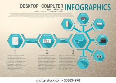 Vector infographics set of desktop computer periphery electrical connection type B with hexagon icons on the turquoise background with shadow cut from paper.