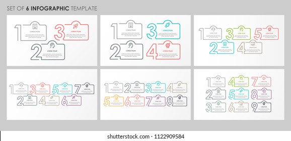 Vector Infographics set with icons and 3, 4, 5, 7, 8, 9 options or steps. Business concept. Can be used for presentations banner, workflow layout, process diagram, flow chart, info graph Vector Infographics set with icons and 3, 4, 5, 7, 8, 9 options or steps. Business concept. Can be used for presentations banner, workflow layout, process diagram, flow chart, info graph
