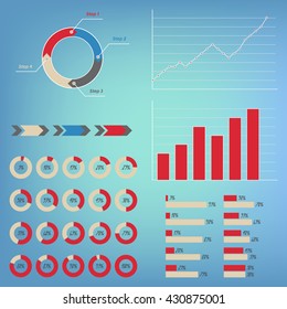 Vector Infographics Set. Pie, Graph, Line charts, arrow, circle 4 steps diagrams