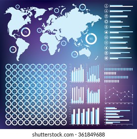 Vector infographics set, ring diagrams from 1 to 100 percent, more charts, world map, transport icons, elements for your business presentation, dark version