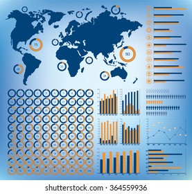 Vector infographics set, ring diagrams from 1 to 100 percent, more charts, world map, transport icons, elements for your business presentation, blue and orange version