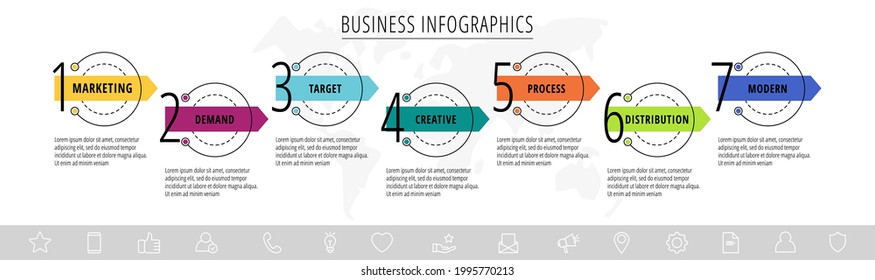 Vector infographics seven circles with arrows. Line business concept of 7 steps, options. Infographic template for diagram, web, banner, presentations, flowchart, content, levels, chart
