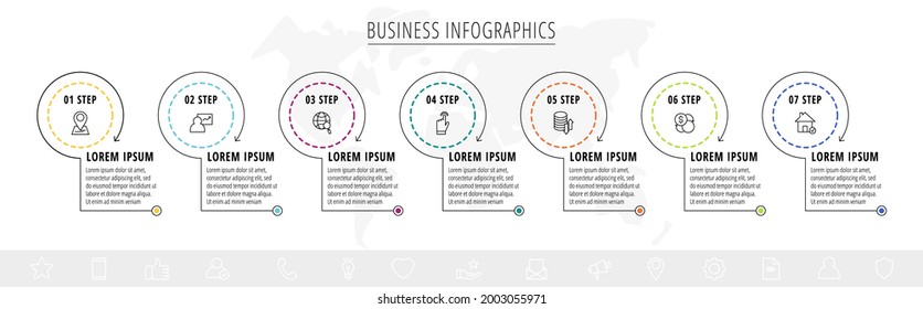 Infografía vectorial siete círculos con flechas. Concepto de negocio de línea de 7 pasos, opciones. Plantilla informativa para diagrama, web, banner, presentaciones, diagrama de flujo, contenido, niveles, gráfico