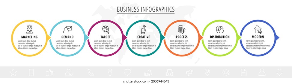 Vektorgrafiken mit sieben Kreisen mit Pfeilen. Line-Business-Konzept von 7 Schritten, Optionen. Infografische Vorlage für Diagramm, Web, Banner, Präsentationen, Flussdiagramme, Inhalte, Ebenen, Diagramme
