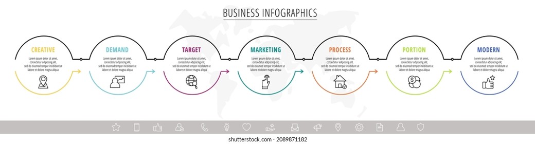 Vektorgrafiken mit sieben Kreisen mit Pfeilen. Line-Business-Konzept von 7 Schritten, Optionen. Infografische Vorlage für Diagramm, Web, Banner, Präsentationen, Flussdiagramme, Inhalte, Ebenen, Diagramme