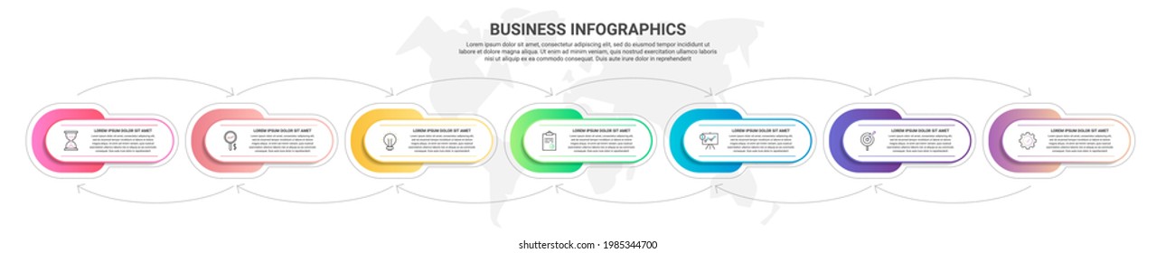 Vector infographics seven label cards with arrows. Business concept of 7 steps, options. Infographic template for diagram, web, banner, presentations, flowchart, content, levels, chart