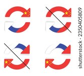 Vector infographics showing possible and not possible trade turnover between Russia and China in the form of flags of the countries. For the design of news, banners, SMM and other
