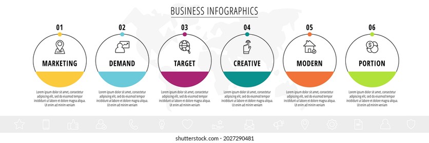 Vector infographics six circles with arrows. Line business concept of 6 steps, options. Infographic template for diagram, web, banner, presentations, flowchart, content, levels, chart