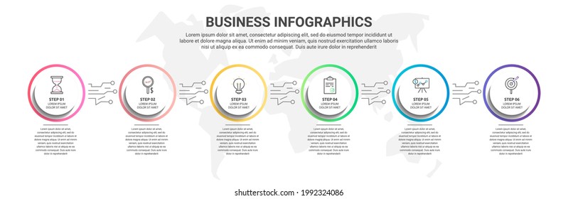 Vector infographics six circles. Business concept of 6 steps, options. Infographic template for diagram, business, web, banner, presentations, flowchart, content, levels, chart
