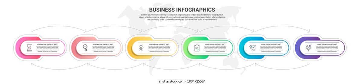 Vector infographics six label cards with arrows. Business concept of 6 steps, options. Infographic template for diagram, content, levels, chart