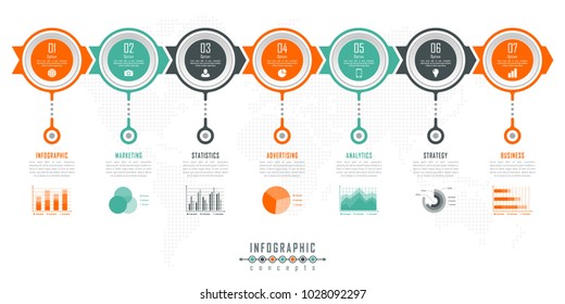 Vector infographics template for chart, diagram, web design, presentation, workflow layout. Business concept with 7 options, parts, steps or processes