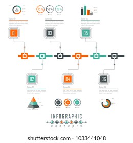 Vector infographics template for chart, diagram, web design, presentation, workflow layout. Business concept with 6 options, parts, steps or processes
