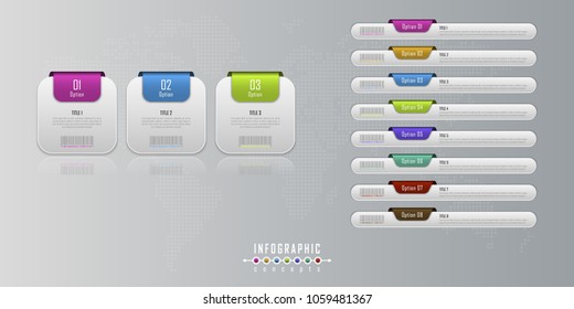 Vector infographics template for chart, diagram, web design, presentation, workflow layout. Business concept with 3, 8 options, parts, steps or processes