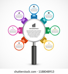 Vector infographics template with magnifying glass surrounded by options for business presentations or information banner.