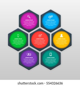 Vector infographics template with six options in material design style. It can be used as a chart, numbered banner, presentation, graph, report, web design etc.