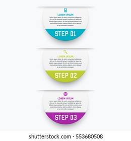 Vector infographics template with three options in material design style. It can be used as a chart, numbered banner, presentation, graph, report, web design etc.