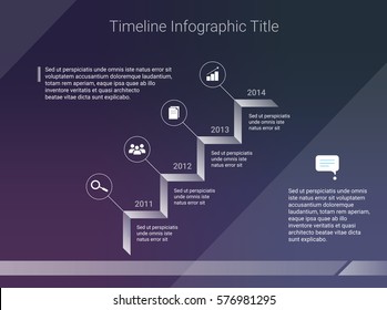 Vector infographics template with timeline, icons and white elements on dark blue and violet background
