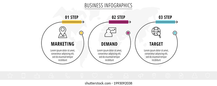 Vector Infographics Three Circles With Arrows. Line Business Concept Of 3 Steps, Options. Infographic Template For Diagram, Web, Banner, Presentations, Flowchart, Content, Levels, Chart