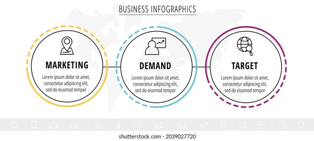 Vector infographics three circles with arrows. Line business concept of 3 steps, options. Infographic template for diagram, web, banner, presentations, flowchart, content, levels, chart