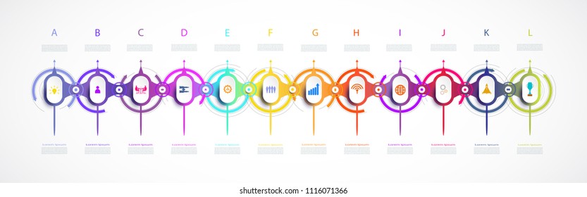 Vector infographics timeline design with icons and 12 options steps,Business concept. Blank space for content, banner, info, graphic, diagram, process, diagram, template, element, network, flowchart