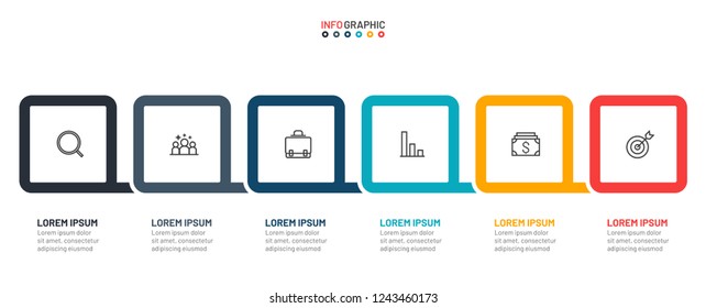 Vector infographics timeline design template. Business concept with 6 steps, options, square. Can be  used for workflow diagram, flowchart, diagram, web design