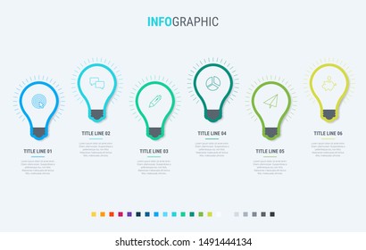 Vector infographics timeline design template with light bulbs elements. Content, schedule, timeline, diagram, workflow, business, infographic, flowchart. 6 options infographic.