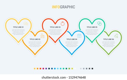 Vector infographics timeline design template with hearts elements. Content, schedule, timeline, valentines day, mothers day, flowchart. 6 steps infographic.
