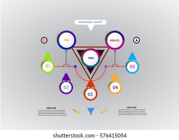 Vector infographics timeline design template with 3D paper label and icons. , integrated circles background. Blank space for content, business, diagram, flowchart, diagram, timeline or steps process.